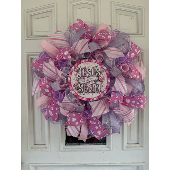 Jesus is the Reason for the Season Christmas Wreath, Handmade Candy-Themed Decor - Picture 1 of 7